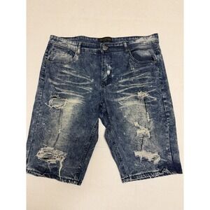 Encrypted brand blue distressed jean denim shorts baggy, men's 38
